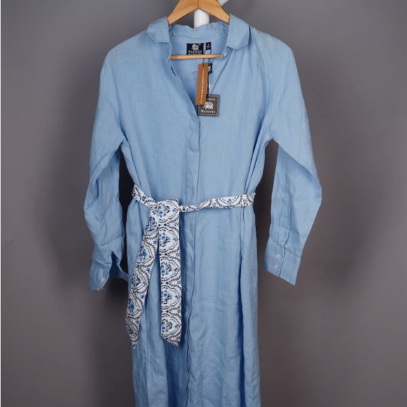 Madison Mathews Dresses & Skirts - Madison Mathews 100% Linen Light Blue Maxi Shirt Dress with Tie Medium NWT